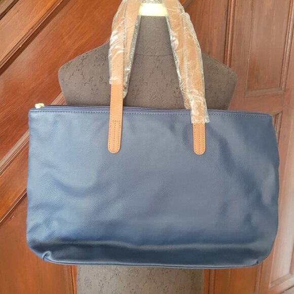 Joy Mangano Blue Leather Tote Bag With Brown Handles - Picture 4 of 12